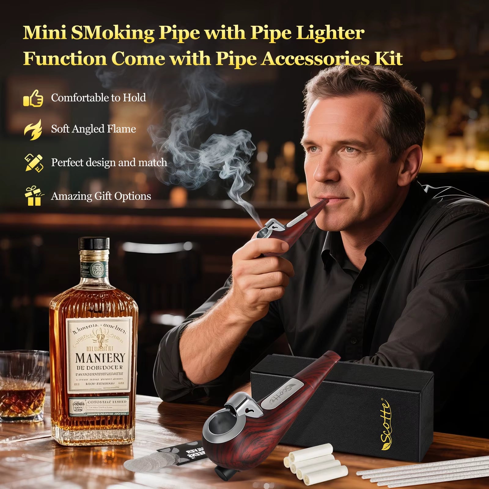 Portable Pipe, Mini Pipe with Refillable Pipe Lighter Function, Include Pipe Filter Pipe Cleaner and Pipe Screen, with Gift Box