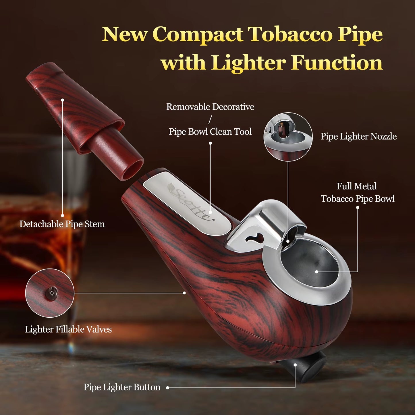 Portable Pipe, Mini Pipe with Refillable Pipe Lighter Function, Include Pipe Filter Pipe Cleaner and Pipe Screen, with Gift Box