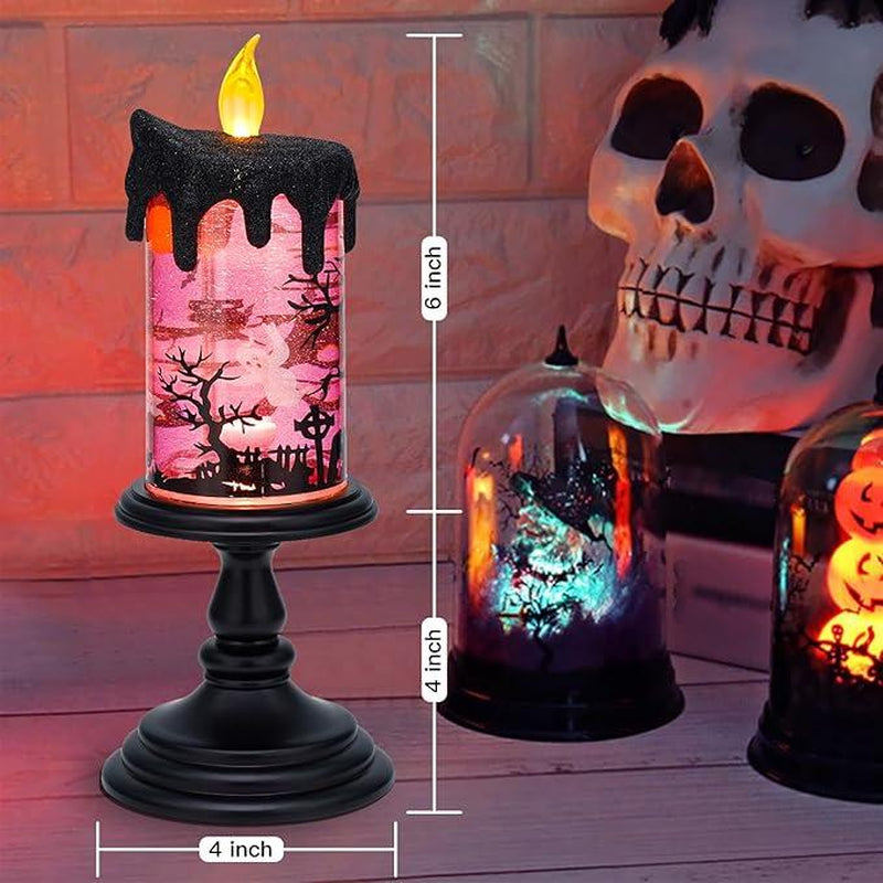 Genswin Halloween Snow Globe Flameless Candle - Enchanting Glittering Water Display for Spooky Decor