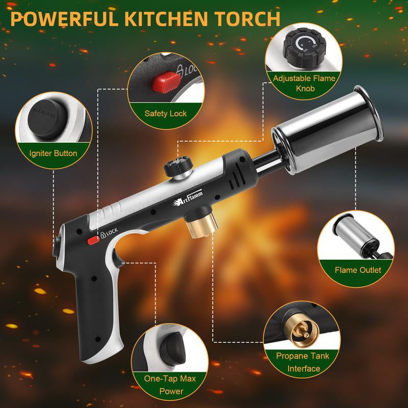 3200°F High Temp Propane Torch Gun - One-Touch Max Flame, Grill Gun with Safety Lock, Adjustable Torch Lighter for Creme Brulee, BBQ Grilling, Baking, Welding & Camping (Protane Tank Not Included)