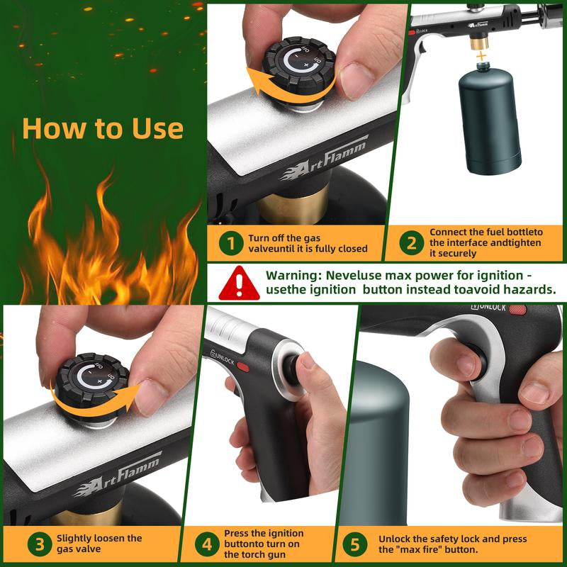3200°F High Temp Propane Torch Gun - One-Touch Max Flame, Grill Gun with Safety Lock, Adjustable Torch Lighter for Creme Brulee, BBQ Grilling, Baking, Welding & Camping (Protane Tank Not Included)