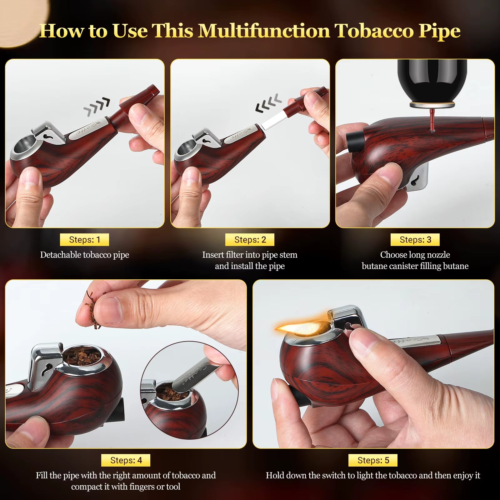 Portable Pipe, Mini Pipe with Refillable Pipe Lighter Function, Include Pipe Filter Pipe Cleaner and Pipe Screen, with Gift Box