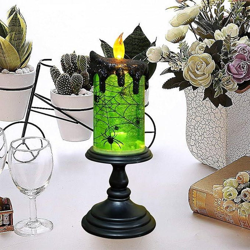 Genswin Halloween Snow Globe Flameless Candle - Enchanting Glittering Water Display for Spooky Decor