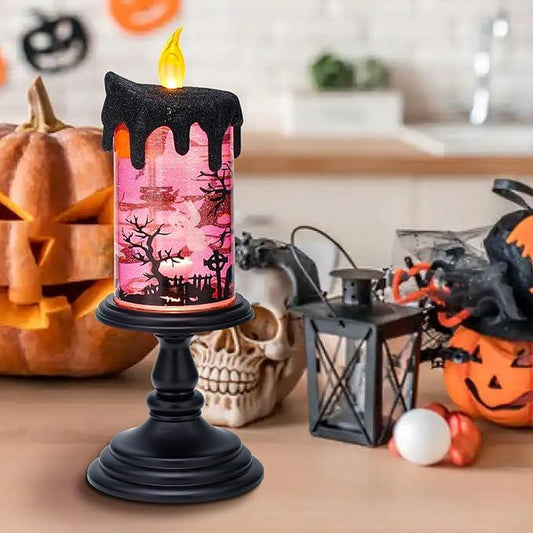 Genswin Halloween Snow Globe Flameless Candle - Enchanting Glittering Water Display for Spooky Decor