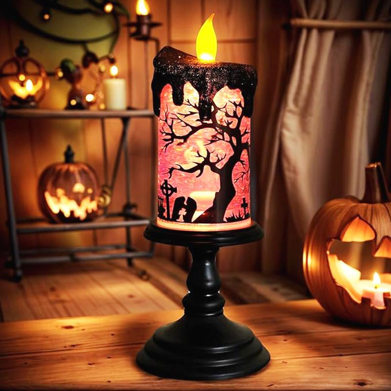 Genswin Halloween Snow Globe Flameless Candle - Enchanting Glittering Water Display for Spooky Decor