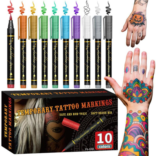 Vibrant 10-Color Temporary Tattoo Markers Set with Flexible Brush Tips for Creative Body Art and Halloween Magic