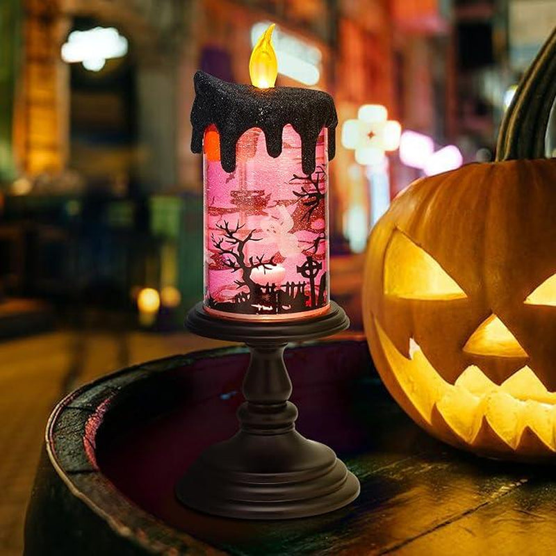 Genswin Halloween Snow Globe Flameless Candle - Enchanting Glittering Water Display for Spooky Decor